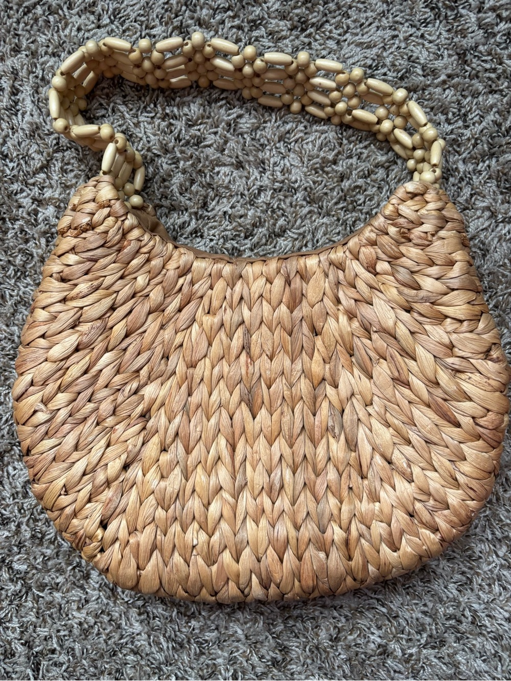Natural Woven Straw Shoulder Bag with Beaded Handle